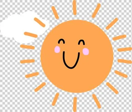 Smiling sun is shining with orange rays and fluffy cloud in flat design on Stock Illustration