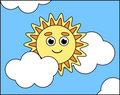 Smiling sun is shining in the sky. Clouds in the sky. Cartoon, vector. Stockillustratie