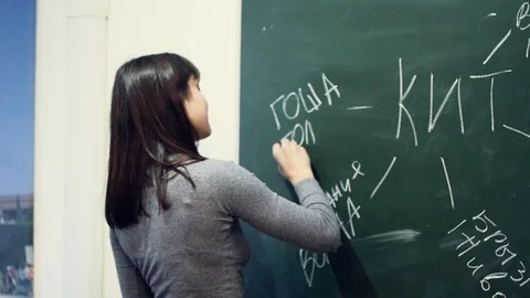 Smiling teacher explains the solution of the problem on the slate Stock Footage 94074068