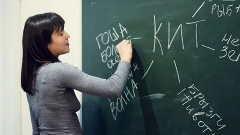 Smiling teacher explains the solution of the problem on the slate Stock Footage 94074192