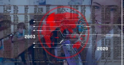Smiling teacher holding binder in classroom fading red globe timeline with Stock Footage 314869170