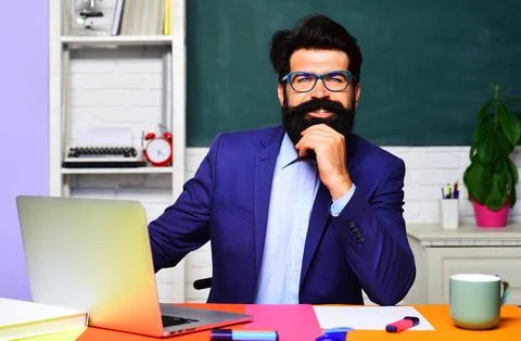 Smiling teacher at workplace. Profession, learning and tutoring. High school. Stock Photos