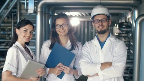Smiling team of engineers at the factory Stock Footage 77473416