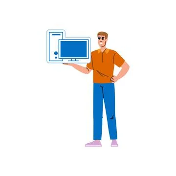 Smiling technician holding desktop computer and monitor Stock Illustration
