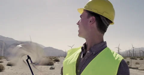 Smiling technician looks around while holding pinwheel at wind farm 4K Stock Footage 63779606