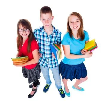 Smiling teens looking up Foto stock