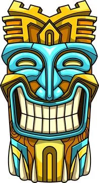 Smiling Tiki Mask with Castle Elements and Tribal Carvings Stock Illustration
