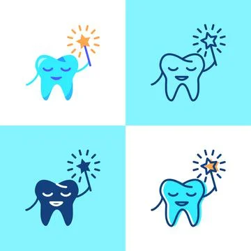 Smiling tooth icon set in flat and line style Stock Illustration