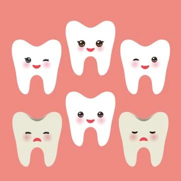 Smiling tooth with pink cheeks. dirty ill and joy healthy teeth. For children Stock Illustration