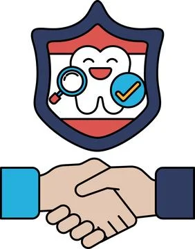 A smiling tooth is shown with a shield and a handshake Stock Illustration