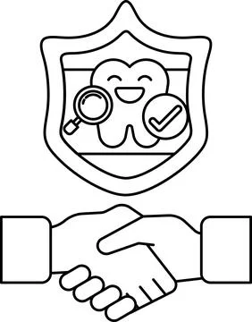 A smiling tooth is shown with a shield and a handshake Stock Illustration