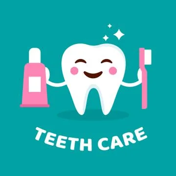 Smiling tooth with toothbrush and toothpaste. Teeth care concept. Cute tooth  Stock Illustration