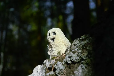 A smiling toy ghost peeks out from behind the bark of a tree in the forest Stock Photos