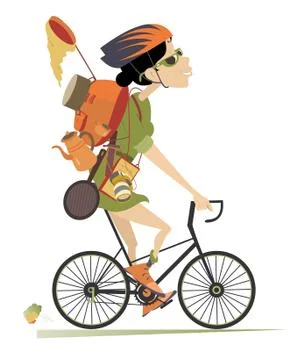 Smiling traveler woman rides a bike illustration Stock Illustration