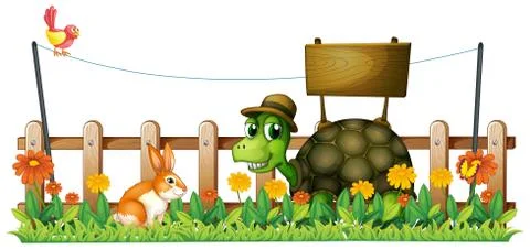 A smiling turtle in front of an empty signboard Illustrazione stock