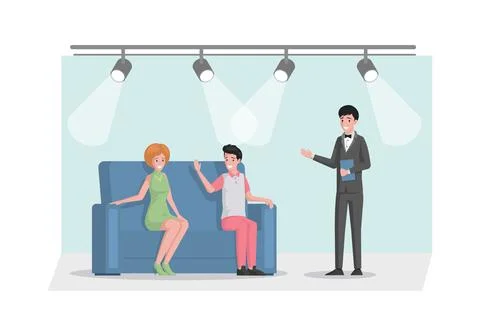 Smiling TV host in suit interviewing celebrity persons in studio vector flat Illustrazione stock