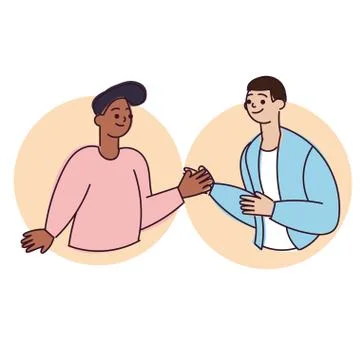 Smiling two cheerful young man waving , touching hands ,clapping hands and say Stock Illustration