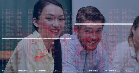 Smiling two colleagues examining projected 3D schematics and code at conference Stock Photos