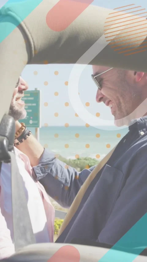 Smiling two men leaning and touching shoulder in parked jeep by sea, showing Stock Footage 330333067