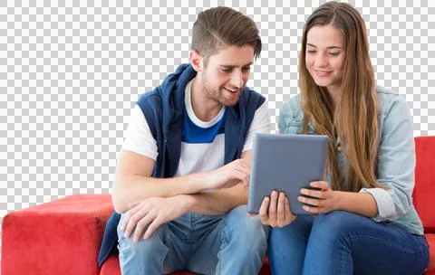 Smiling university students using tablet computer Stockfoto's