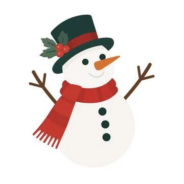 Smiling Vector Snowman with Red Scarf and Green Hat Stock Illustration