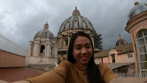 Smiling Visitor at Historic Architectural Site Stock Footage 314616667