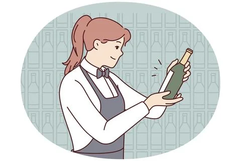 Smiling waitress in apron choosing wine in cellar. Happy female sommelier make Stock Illustration
