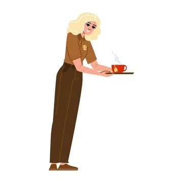 Smiling waitress holding tray with hot steaming teacup Stock Illustration