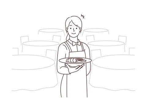 Smiling waitress serving meal in restaurant Stock Illustration