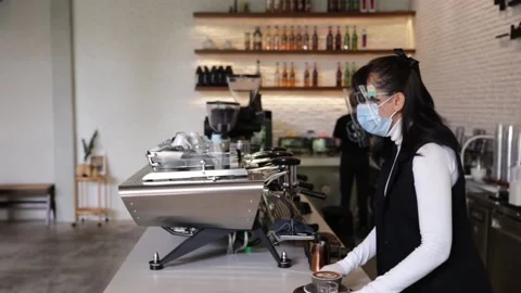 Smiling waitress serving an order of food , Waiter carrying plates wear Stock Footage 147238740