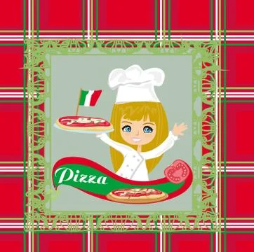 Smiling waitress serving pizza , menu card Stock Illustration