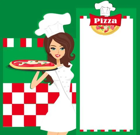 Smiling waitress serving pizza, place for your text Stock Illustration