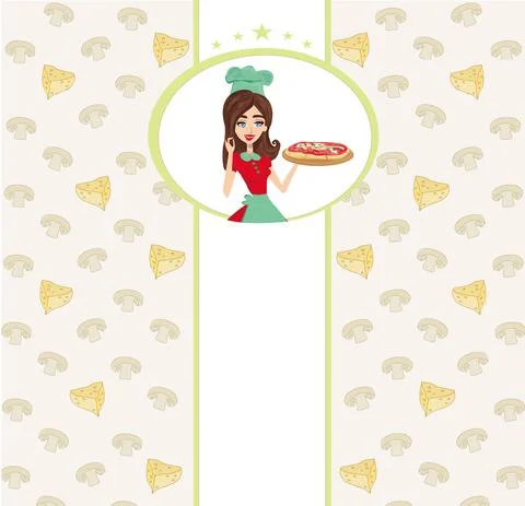 Smiling waitress serving pizza, place for your text 库存插图