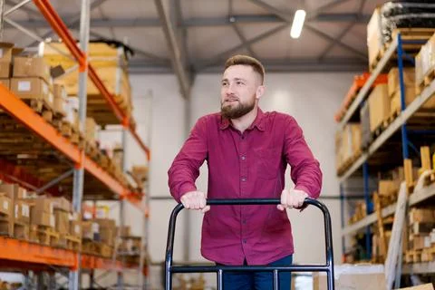 Smiling Warehouse Manager with Platform Trolley in Logistics Center Fotos Stock