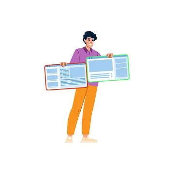 Smiling web designer or developer holding two different website or applicatio Stock Illustration