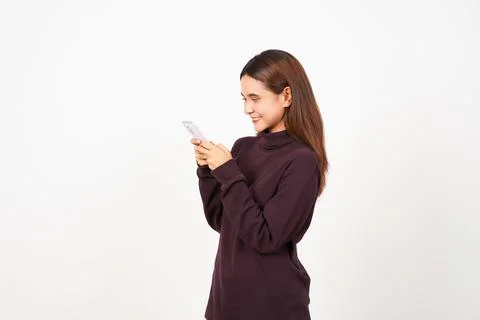 Smiling While Using Smartphone Of Beautiful Asian Woman Isolated On White B.. Stock Photos