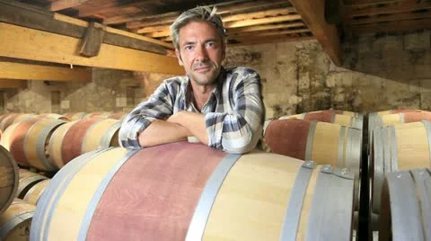 Smiling winemaker leaning on wine barrel in winery Stock Footage 14833981