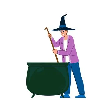 Smiling wizard preparing potion in cauldron for halloween party Stock Illustration