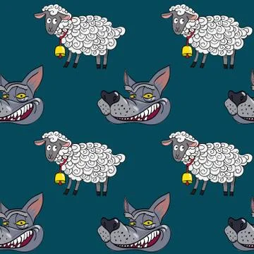 Smiling wolf face and nice lamb seamless pattern イラスト素材