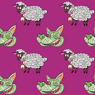 Smiling wolf face and nice lamb seamless pattern イラスト素材