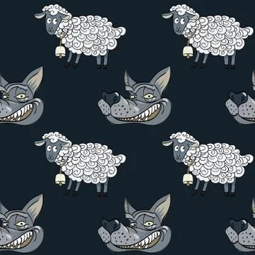 Smiling wolf face and nice lamb seamless pattern Stockillustratie