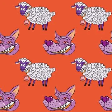 Smiling wolf face and nice lamb seamless pattern イラスト素材