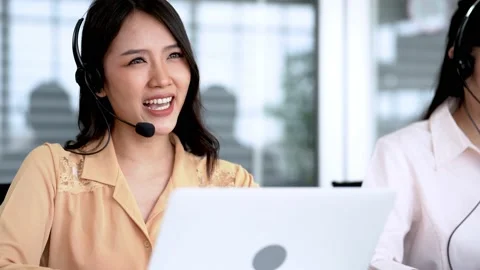 Smiling woman call center working. Happy staff for customer support. Stock Footage