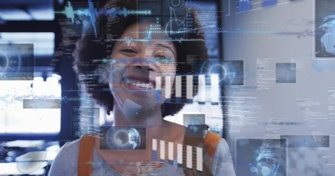 Smiling woman facing camera in office in light gray top, leather backpack straps Stock Footage 333902386