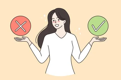 Smiling woman hold yes and no checkmarks Stock Illustration
