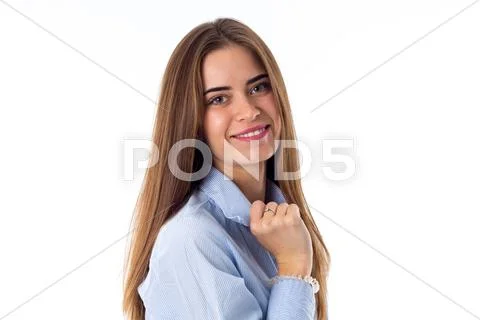 Smiling woman holding her collar Stock Photos
