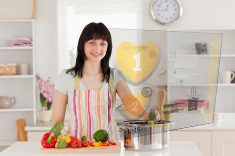 Smiling woman making dinner using hologram interface Stock Illustration