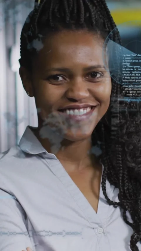 Smiling woman in office with digital data processing animation overlay Stock Footage 344285227