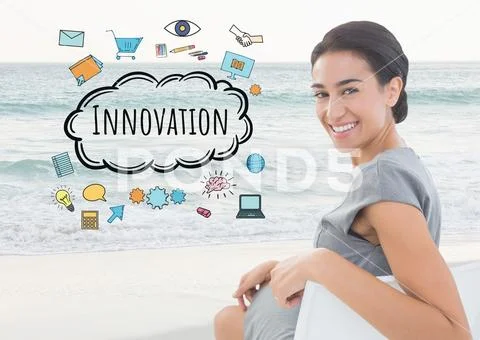 Smiling woman seaeted on beach and Innovation text with drawings graphics Stock Photos