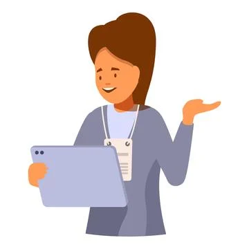Smiling woman showing something using tablet and wearing badge Illustrazione stock